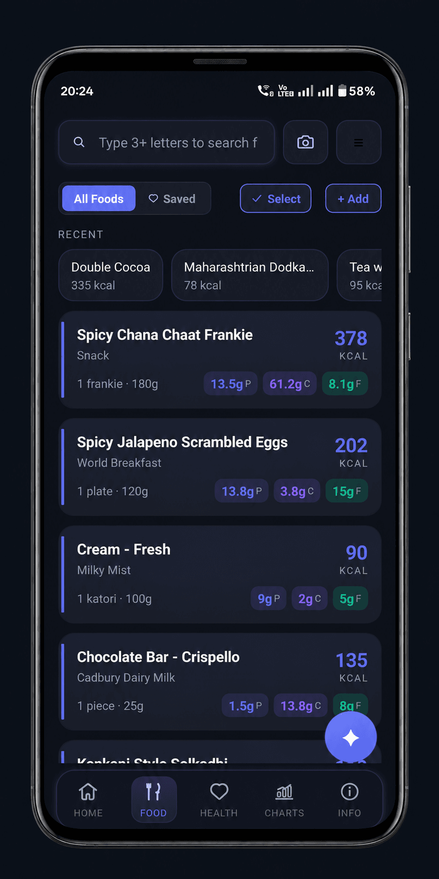 RepBite food search in a phone, showing food results with portions, calories, and macros