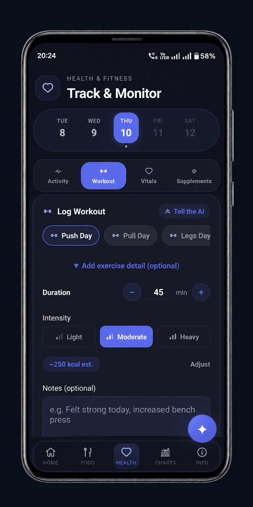 RepBite workout log in a phone, showing a calendar, workout types, session duration, and intensity